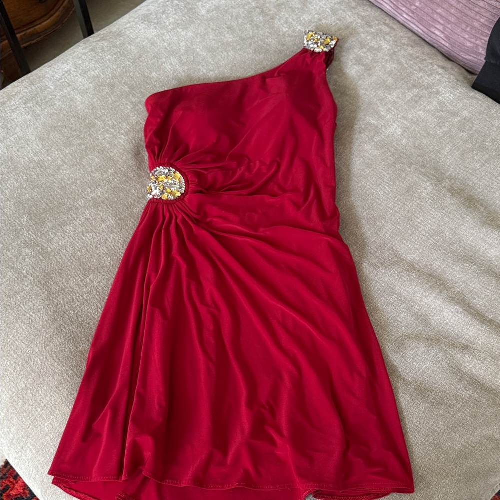 Hailey Logan Red One-Shoulder Dress with Embellishments